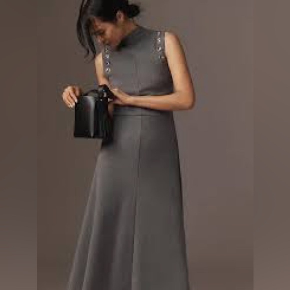 NWT Beatrice Gray Midi Dress $562 Retail Sleeveless Mock Neck Grommet